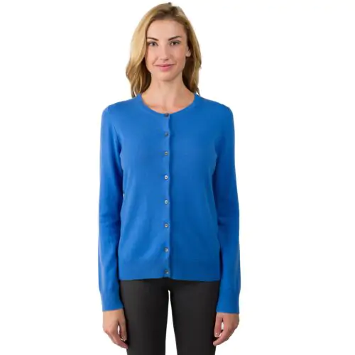 JENNIE LIU Women's 100% Cashmere Button Front Long Sleeve Crewneck Cardigan Sweater(M, Blue)