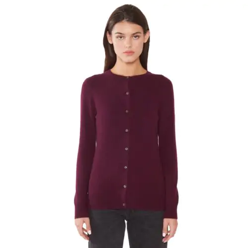 JENNIE LIU Women's 100% Cashmere Button Front Long Sleeve Crewneck Cardigan Sweater(L, Plum)