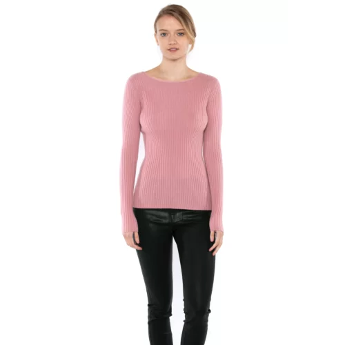 JENNIE LIU Women's 100% Pure Cashmere Long Sleeve Ribbed Boatneck Sweater