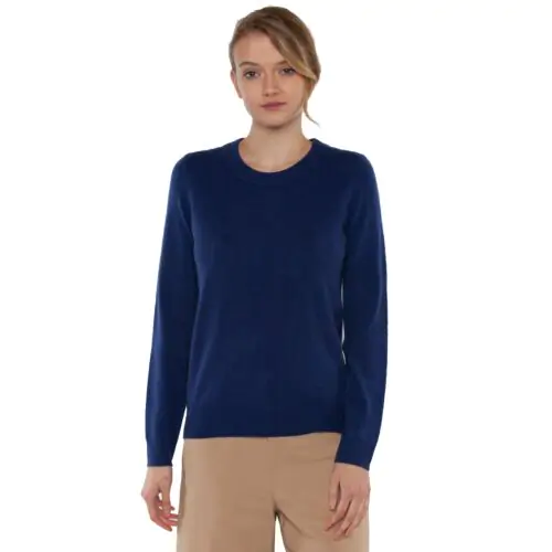JENNIE LIU Women's 100% Pure Cashmere Long Sleeve Crew Neck Sweater(L, Blue)