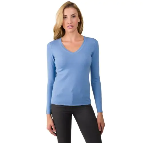 JENNIE LIU Women's 100% Pure Cashmere Long Sleeve Pullover V Neck Sweater(L, Crystal blue)